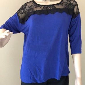 Francesca blue top w sheer lace & exposed zipper